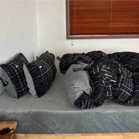 #グレー レトロ チェック柄 布団カバーセット 全2サイズ 冬用 厚手 ベッドカバー 寝具カバー