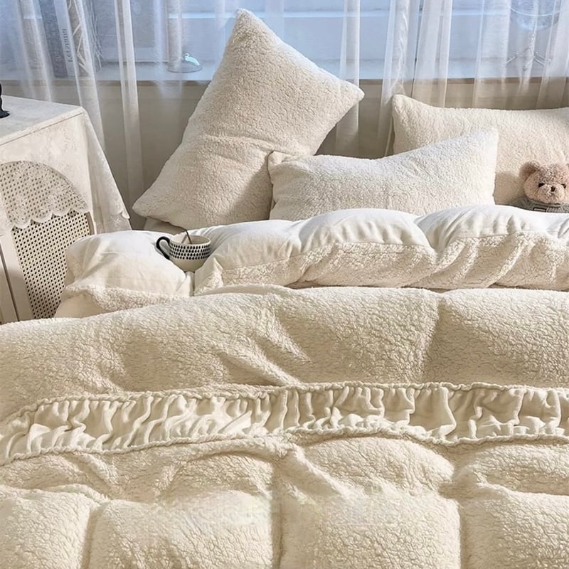 ふわもこ ギャザー ミルク ベルベット 冬用 布団カバーセット ベッド