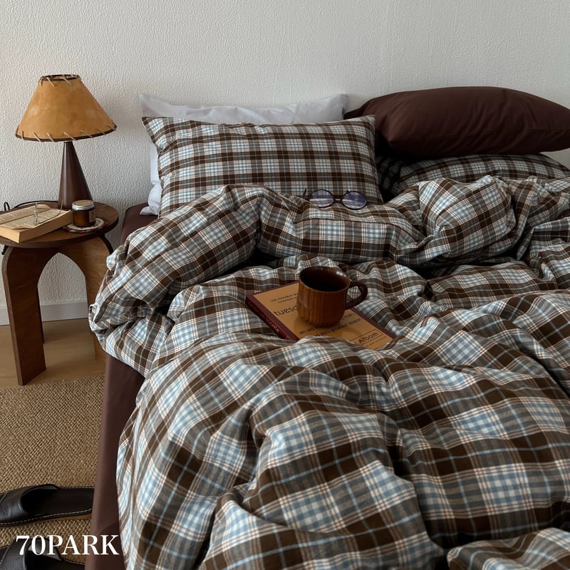 ブラウン シーツ チェック柄 コットン 布団カバーセット 全3種 オール