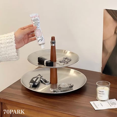 #ステンレス ウッド 二段 アクセサリー 収納 トレイ ディスプレイ
