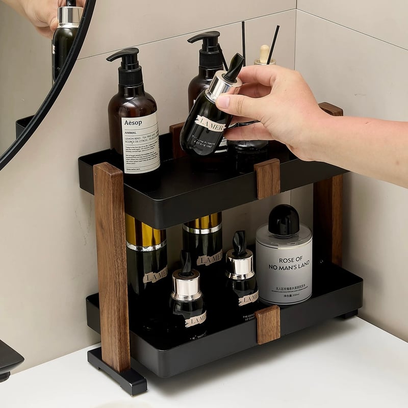 ウッド ブラック コスメ 収納 脚付き 二段 ディスプレイラック 洗面台