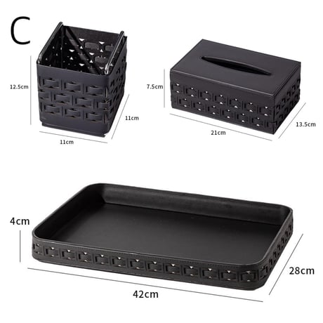 #3点セット 編み込み 幾何学模様 レザー トレイ テッシュボックス 小物入れ 全3色 収納 ブラシスタンド