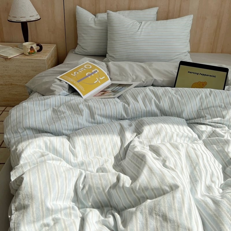 グレー マルチストライプ コットン 布団カバーセット 全2色 ベッド