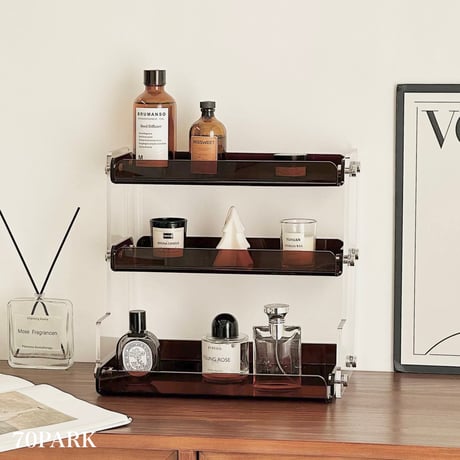 #クリア ブラウン アクリル 三段 収納 ディスプレイラック コスメ 香水収納