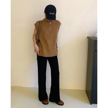 【即納】#ハーフジップ リブ ニット ベスト 全5色 ハイネック