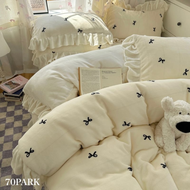 リボン柄 フリル ミルク ベルベット 冬用 布団カバーセット 全2サイズ