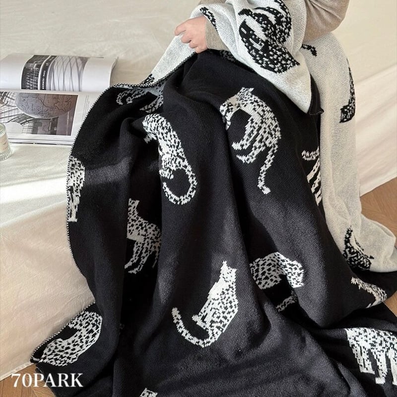 チーター柄 ニット ブランケット 130×170 黒 膝掛け マルチカバー | 70PARK