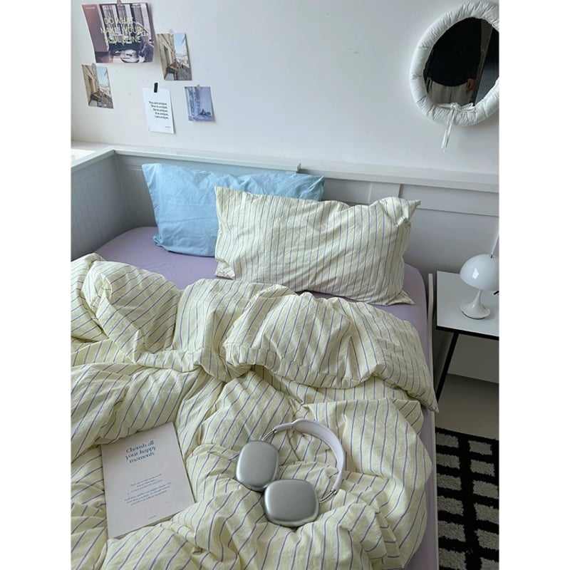 イエロー ミックス ストライプ柄 布団カバーセット 全2サイズ