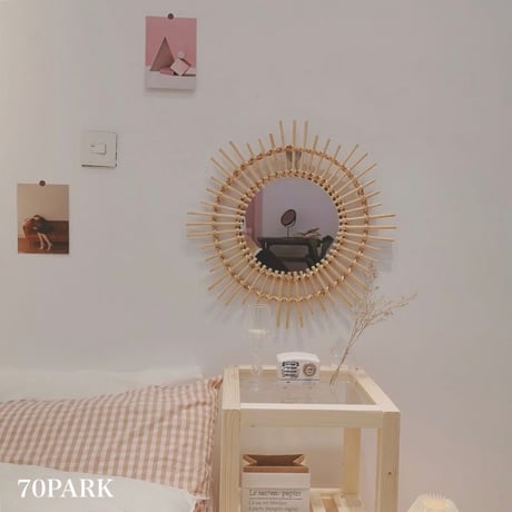 #フラワー & 太陽 モチーフ ラタン ミラー 全2タイプ 鏡