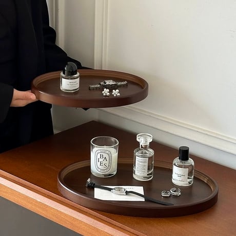 #オーバル型 シンプル レトロ ウッド トレイ 全2サイズ 収納 小物置き 香水収納