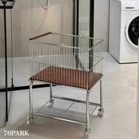 【即納】#シルバー ウッド ランドリー バスケット カート  ワゴン 収納