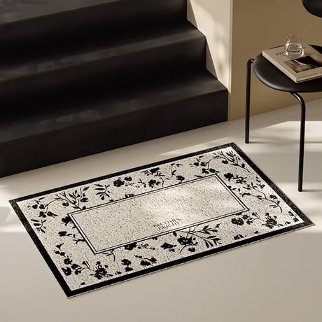 #ブラック フラワー柄 玄関 マット 50×80 泥落としマット