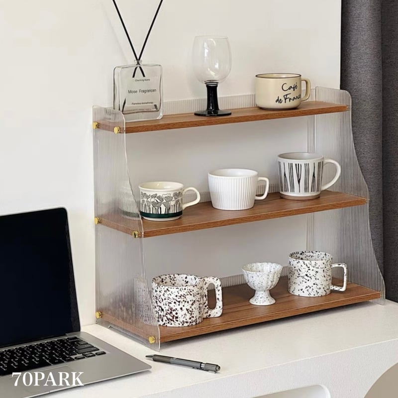 ウッド クリア アクリル 三段 カップ 収納 ディスプレイ ラック | 70PARK