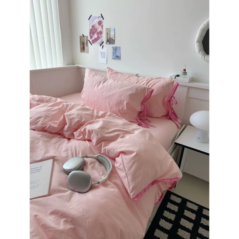 ピンク サイドリボン 無地 パイピング 布団カバーセット 全2サイズ