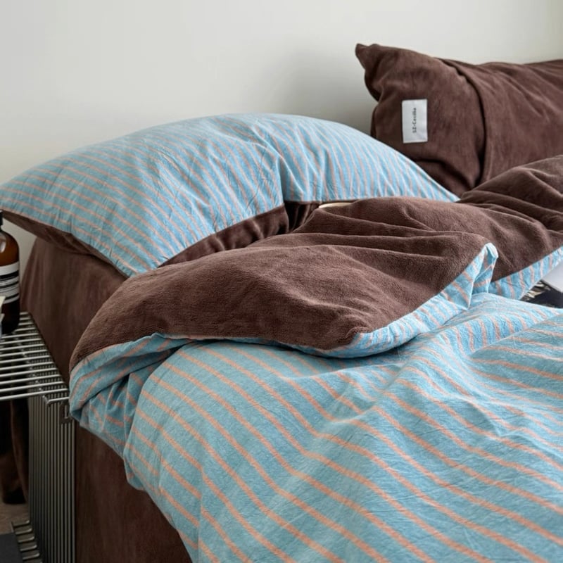 ブルー ブラウン ピン ストライプ コットン フリース 冬用 布団カバー