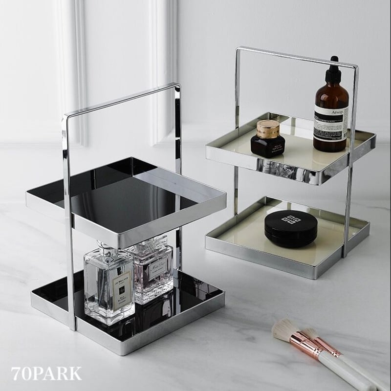 持ち手付き シルバー フレーム スクエア 二段 収納 ラック 全2色