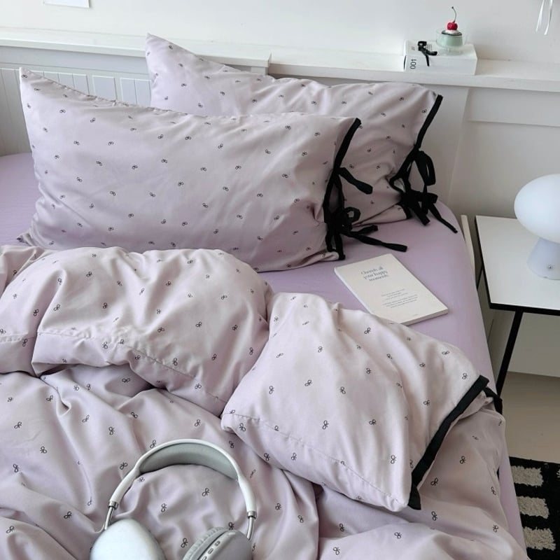 パープル リボン柄 パイピング 布団カバーセット 全2サイズ ベッド