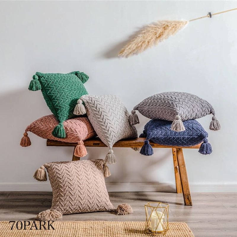 即納】#タッセル付き ケーブル ニット クッションカバー 全9色 | 70PARK
