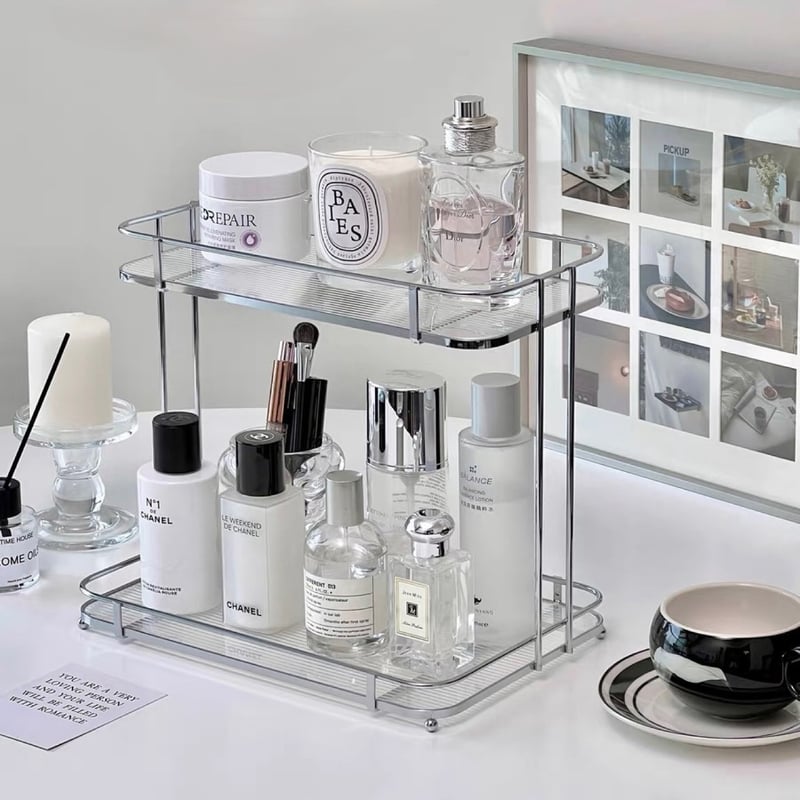 クリア シルバー ストライプ模様 コスメ 収納 ラック 韓国 | 70PARK