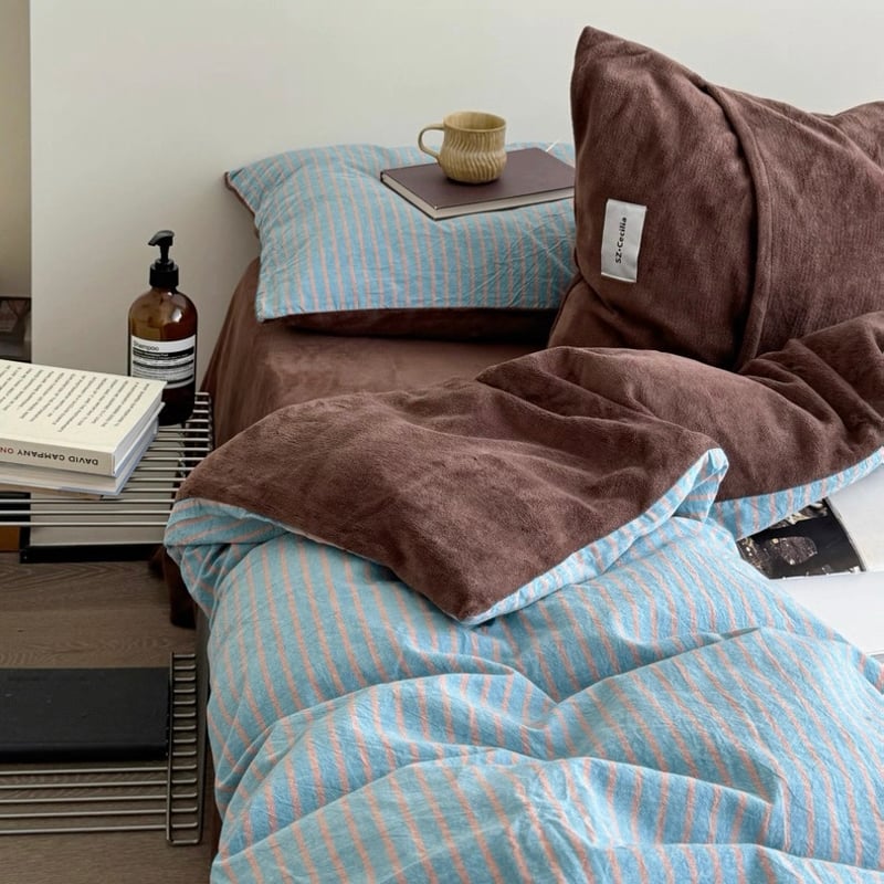 ブルー ブラウン ピン ストライプ コットン フリース 冬用 布団カバー