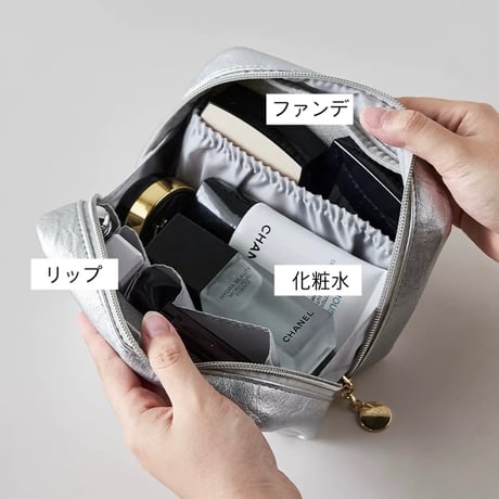 #シンプル レザー 長方形 コスメ 収納 ポーチ 全2色 防水 シルバー 小型
