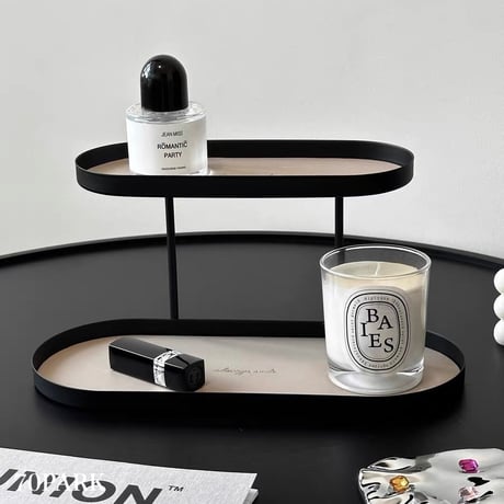 【即納】#アイアン レザー オーバル型 二段 トレイ  全2色 収納 ラック