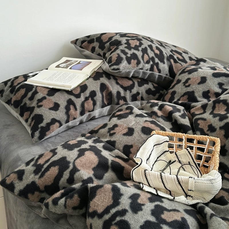 グレー レオパード柄 布団カバーセット 全2サイズ 冬用 厚手 ベッド