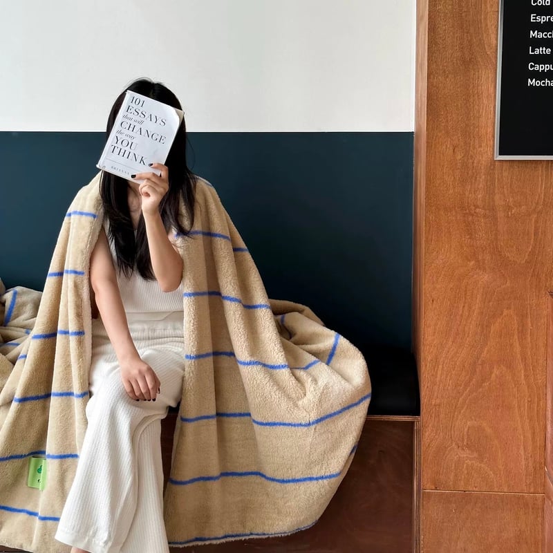 ベージュ ブルー ストライプ柄 ふわふわ ソフト ブランケット 150×200