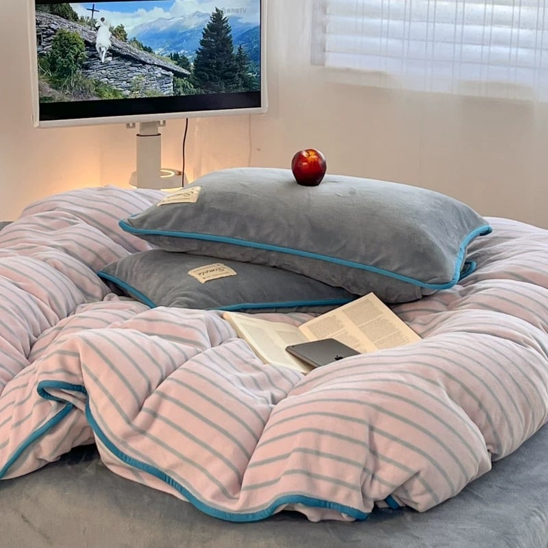 ブルー ストライプ パイピング 厚手 ミルク フリース 冬用 布団カバー