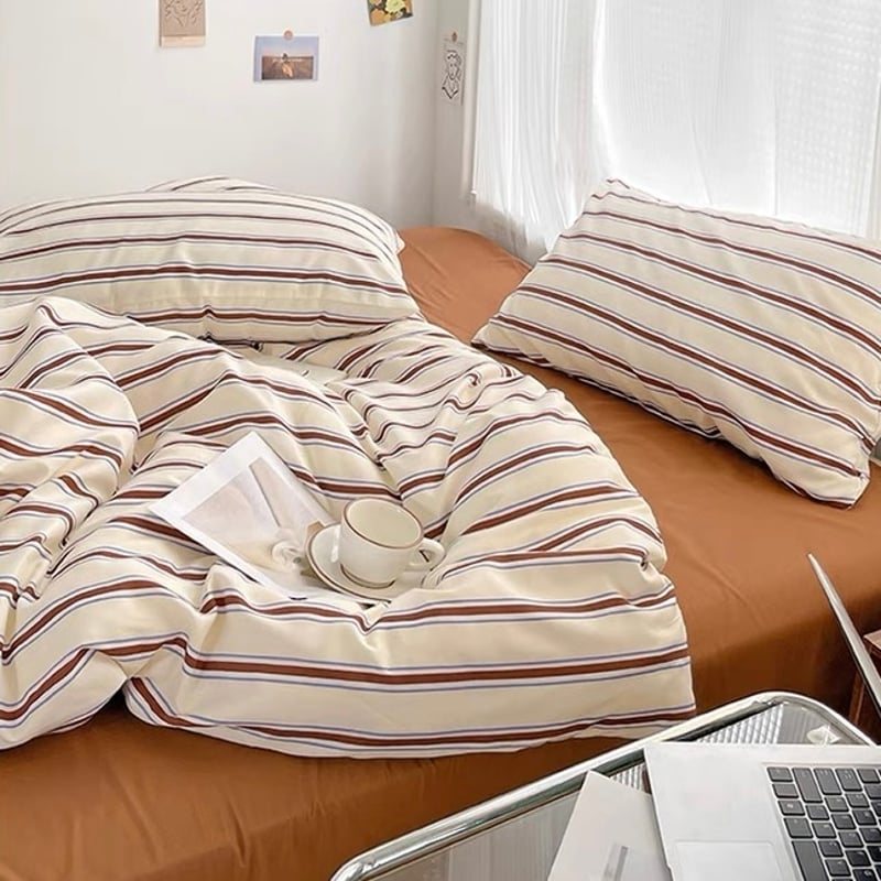 即納】#ブラウン ストライプ 布団カバーセット 全2種 ベッドカバー
