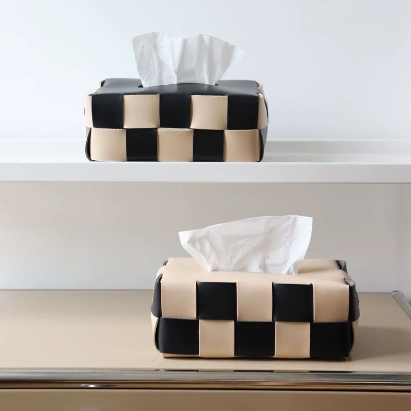 即納】#編み込み フェイクレザー ティッシュケース 全6色 チェッカー柄