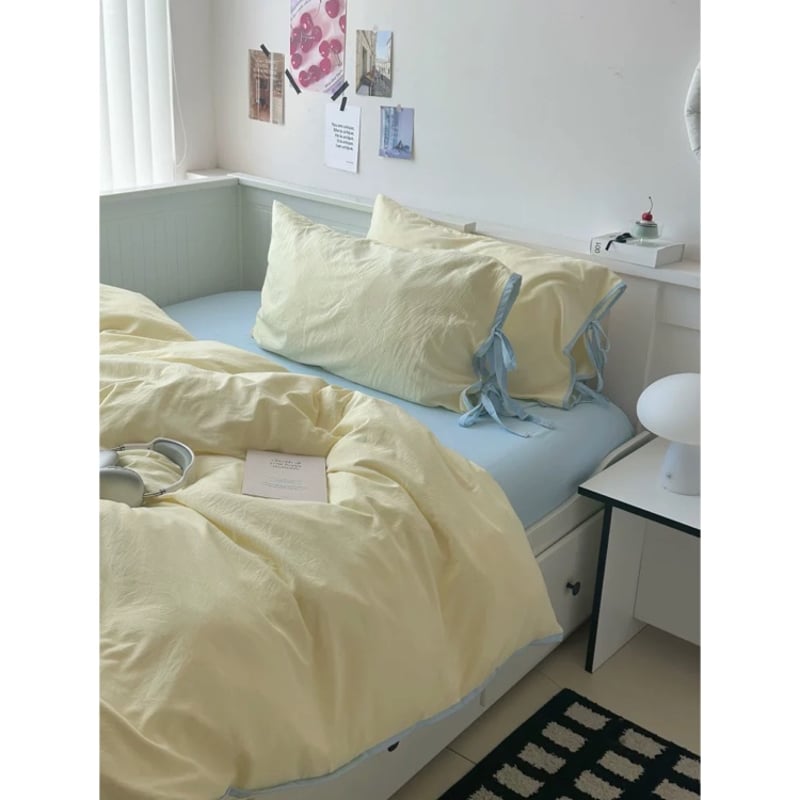 イエロー サイドリボン 無地 パイピング 布団カバーセット 全2