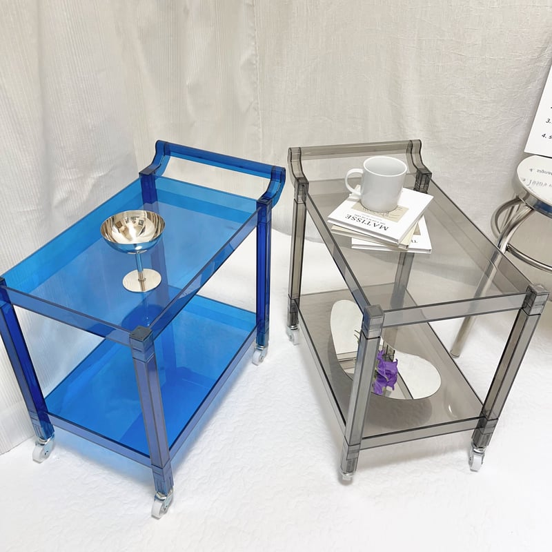 即納】#クリアカラー 二段 収納 ラック ワゴン 全2色 サイドテーブル