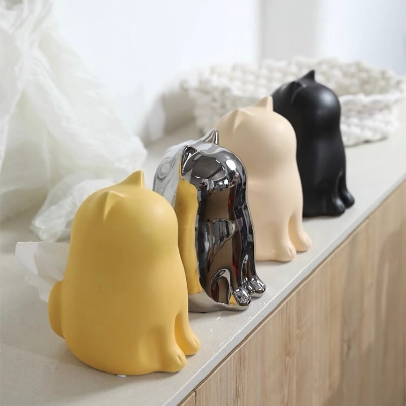 おすわり キャット セラミック ティッシュケース 全4色 猫 ティッシュ