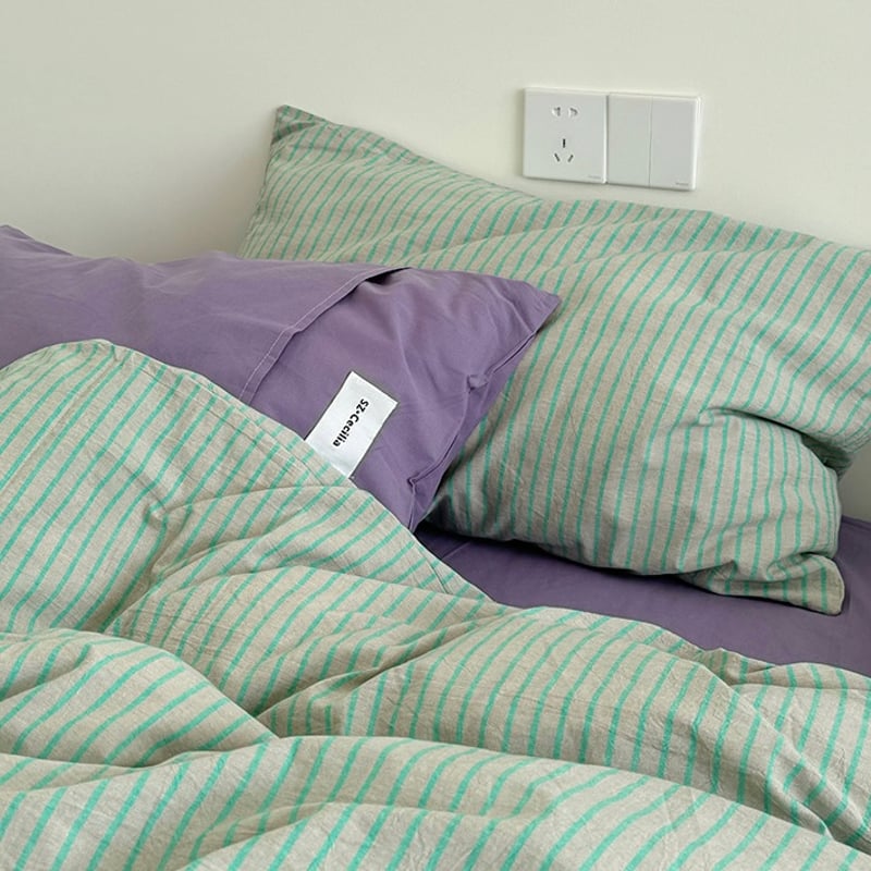 グリーン パープル ピン ストライプ コットン 布団カバーセット 全2