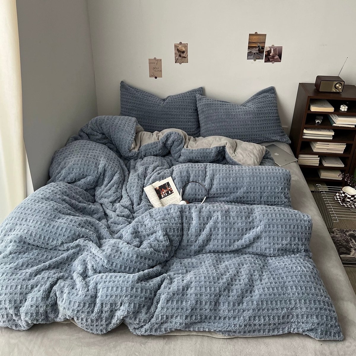 ダブルフリースカバーセットグレー ブルー グレー 厚手 ミルク フリース 冬用 布団カバーセット 全2サイズ