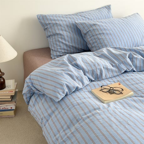 #ブルー ブラウン ダブル ピン ストライプ柄 コットン 100%  布団カバーセット 全2サイズ ベッドカバー 通年 オールシーズン