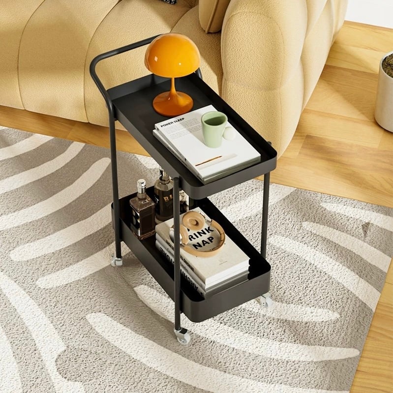 キャスター付きアイアンテーブル 持ち手 キャスター付き アイアン 二段 サイドテーブル 全2色 ワゴン