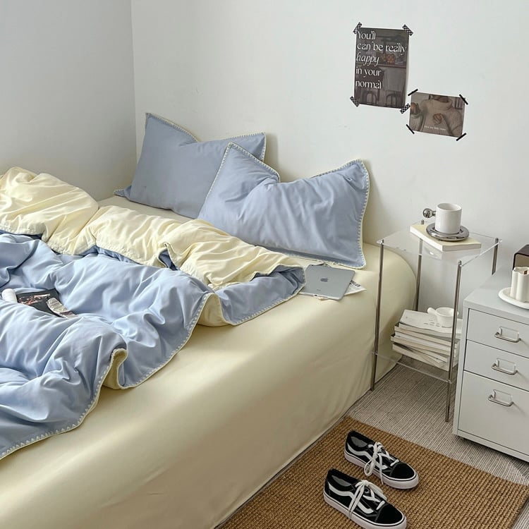 即納】#リバーシブル 無地 ステッチ 布団カバーセット 全2種