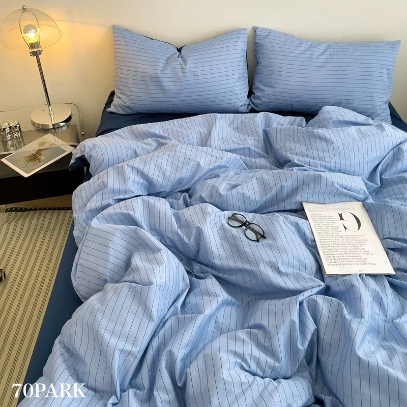 ブルー ネイビー ピンストライプ コットン 布団カバーセット 全2種