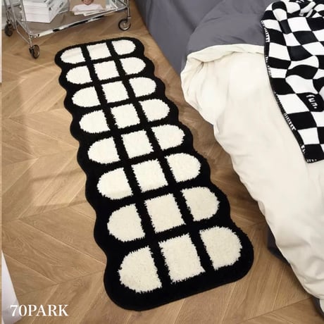 #ホワイト ブラック グリッド ロング ラグ マット 吸水 50×160 キッチンマット