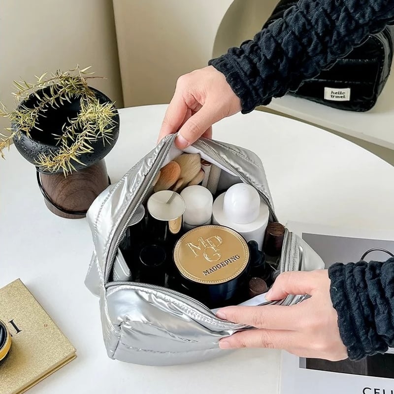 メタリックカラー 長方形 コスメ 収納 パフ ポーチ 全3色 シルバー