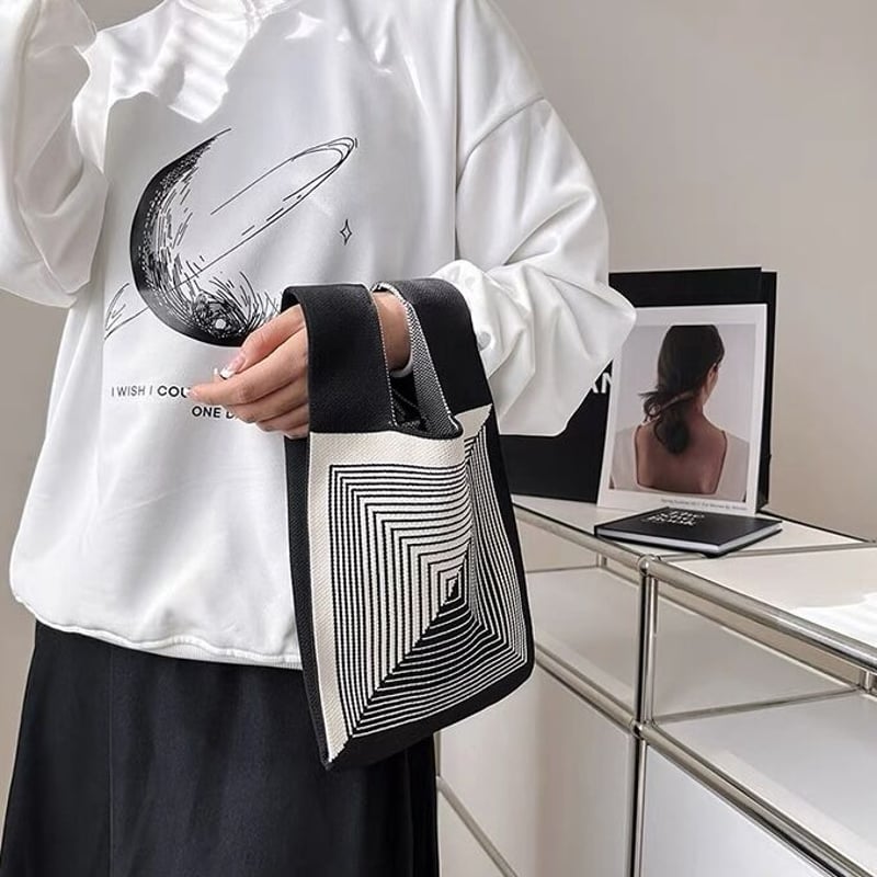 pillings ピリングス 家 カバン ハウスニットバッグ　白 スクエア 幾何学柄 ニットバッグ 全3色 マルシェバッグ | 70PARK