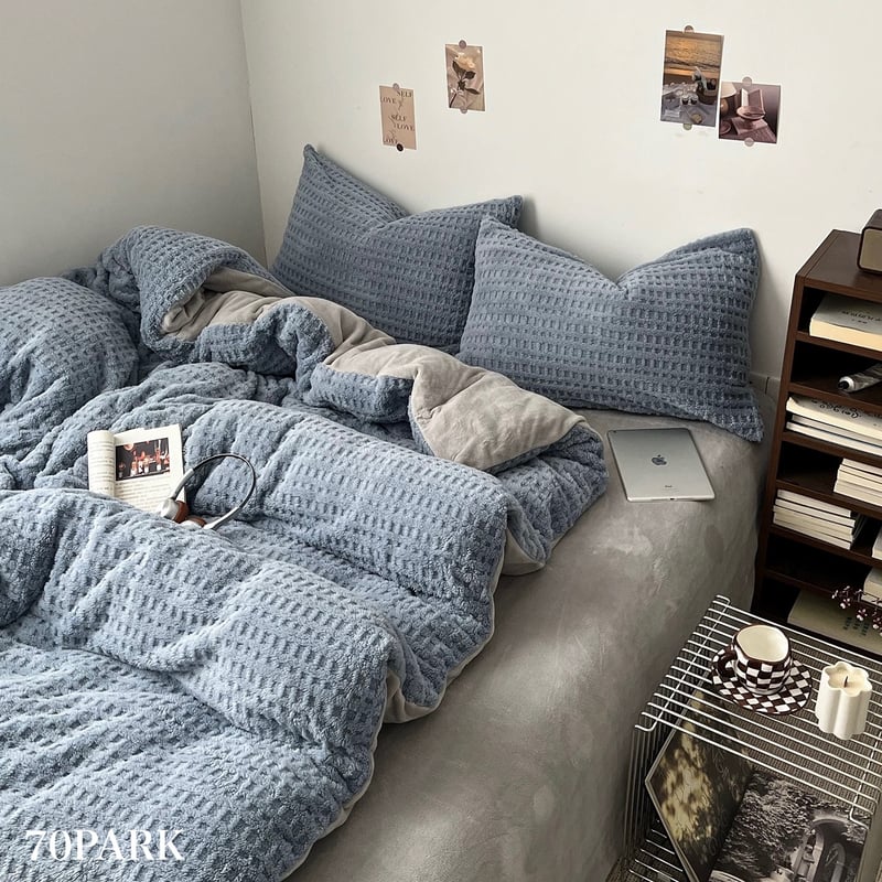 ブルー グレー 厚手 ミルク フリース 冬用 布団カバーセット 全2サイズ