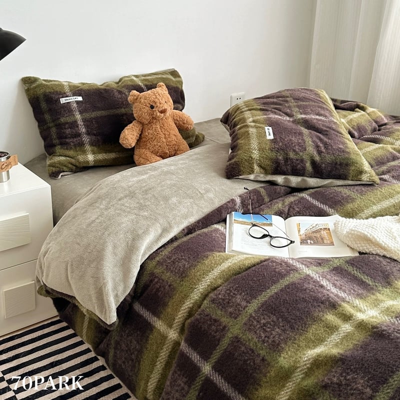 グリーン ミックス レトロ チェック柄 布団カバーセット 全2サイズ 冬