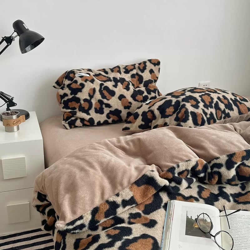 ブラウン レオパード柄 布団カバーセット 全2サイズ 冬用 厚手 ベッド