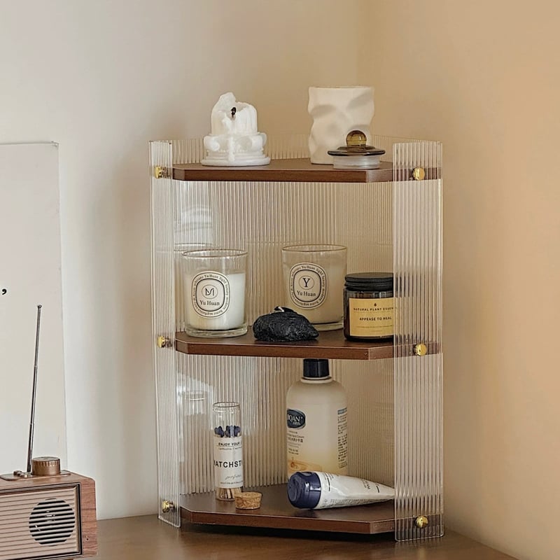 クリア アクリル 木目調 三段 収納 コーナーラック 全2色 コスメ 香水