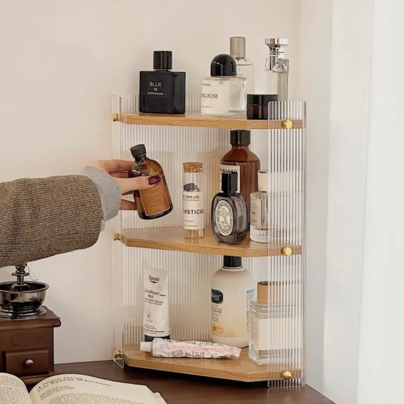 クリア アクリル 木目調 三段 収納 コーナーラック 全2色 コスメ 香水