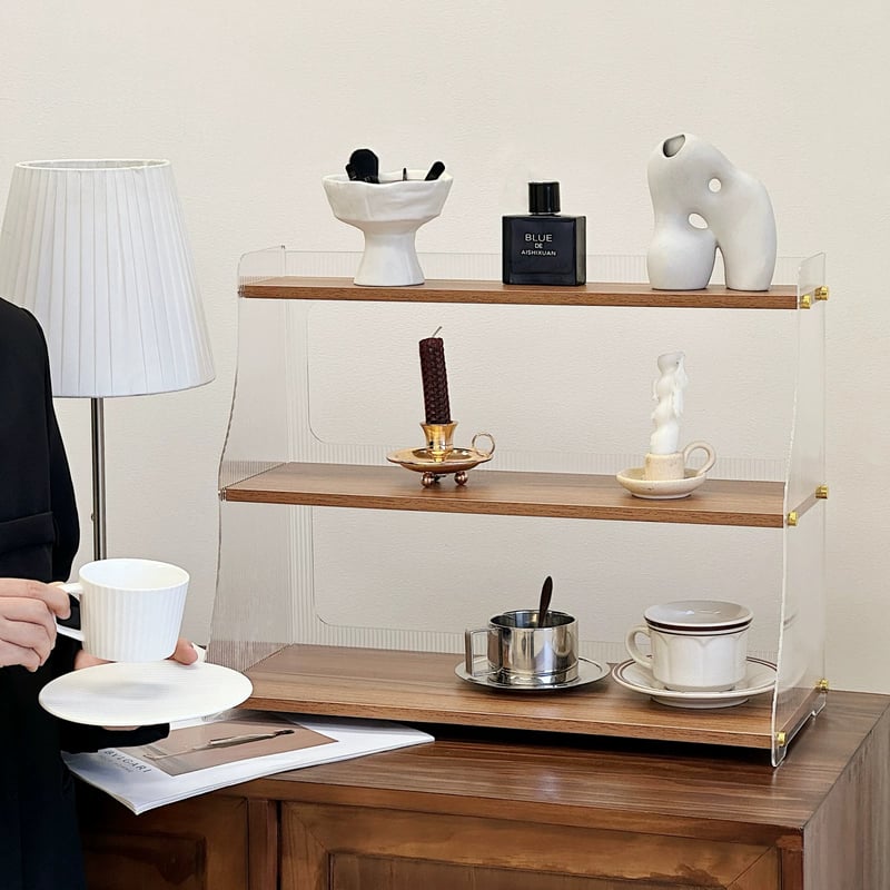 ウッド クリア アクリル 三段 カップ 収納 ディスプレイ ラック | 70PARK