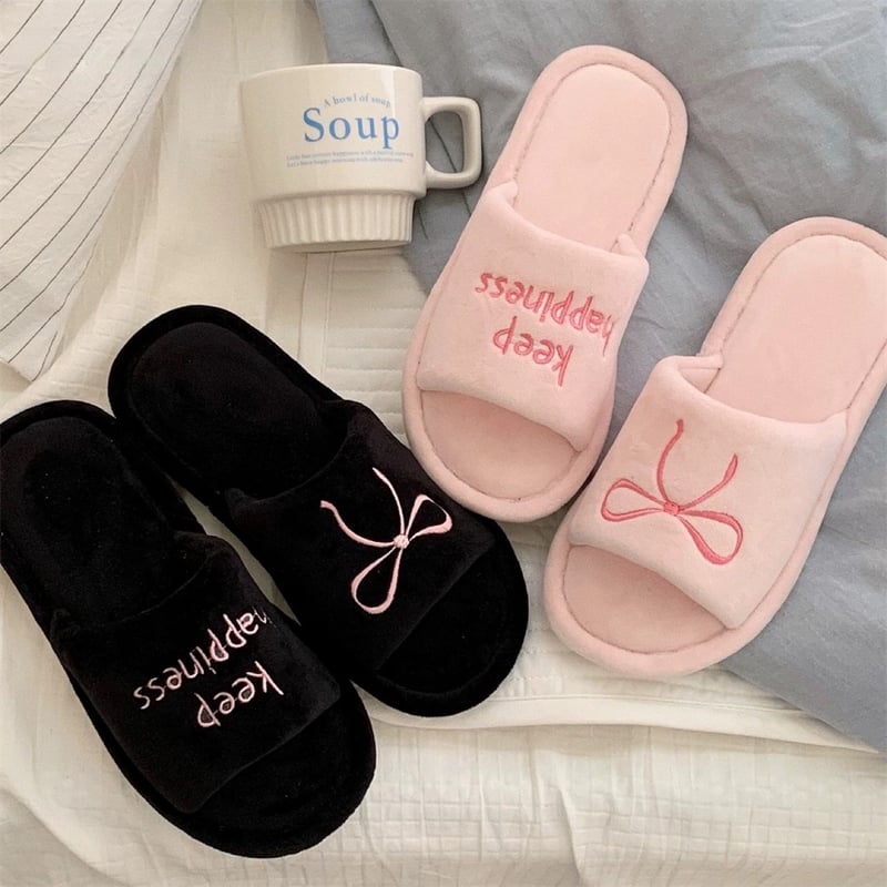 リボン 刺繍 デザイン ルームシューズ 全3色 3サイズ 室内 スリッパ